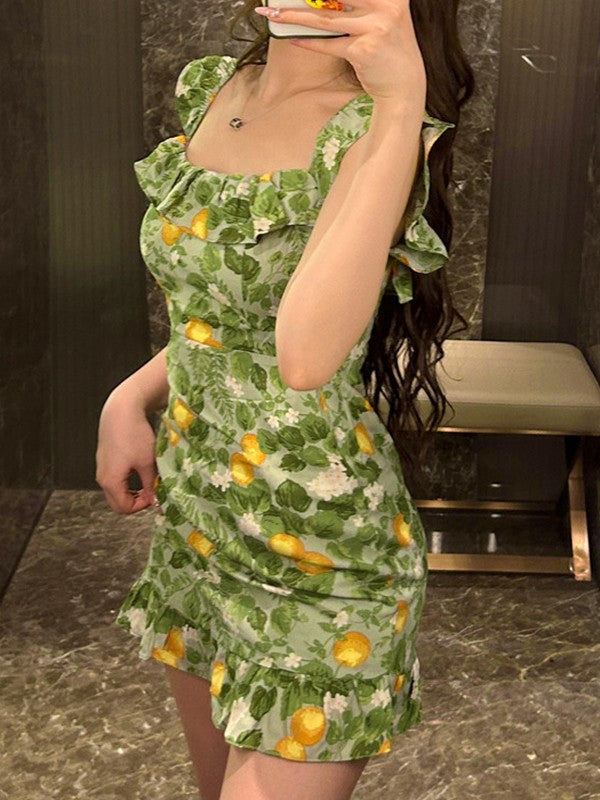 CM | Vintage Ruffle Mini Vestido Verde
