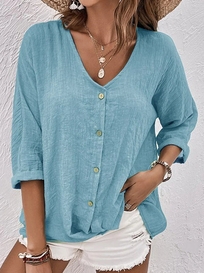 CM | Blusa abotonada de mujer suelta y semi transparente