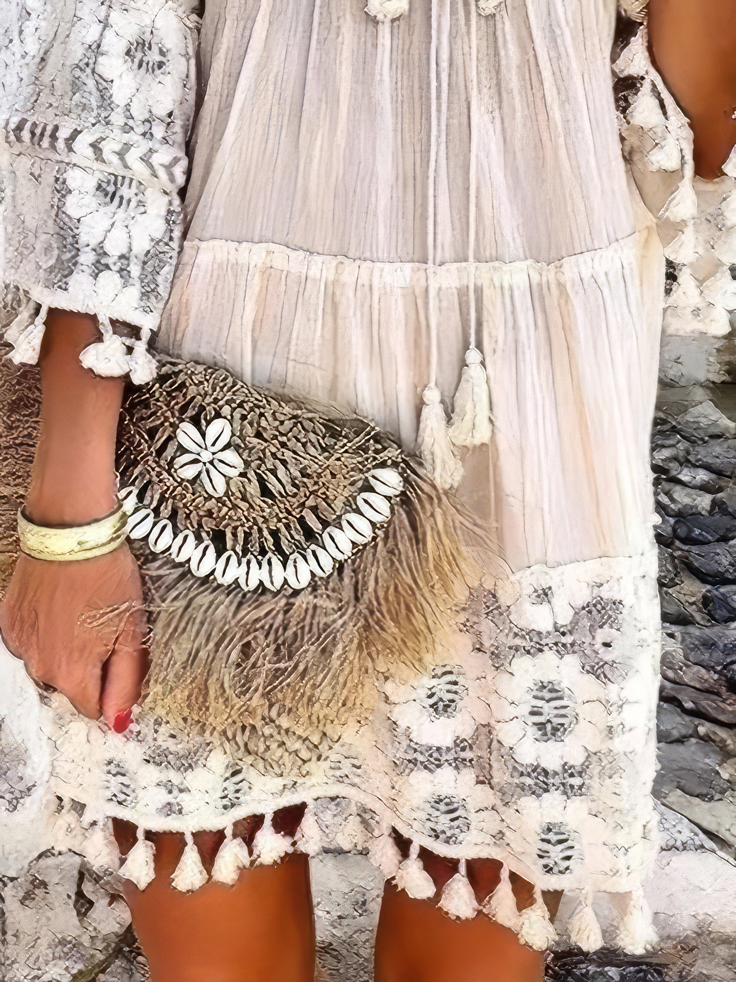 CM | Fashion Minivestido de encaje con flecos y cuello en V