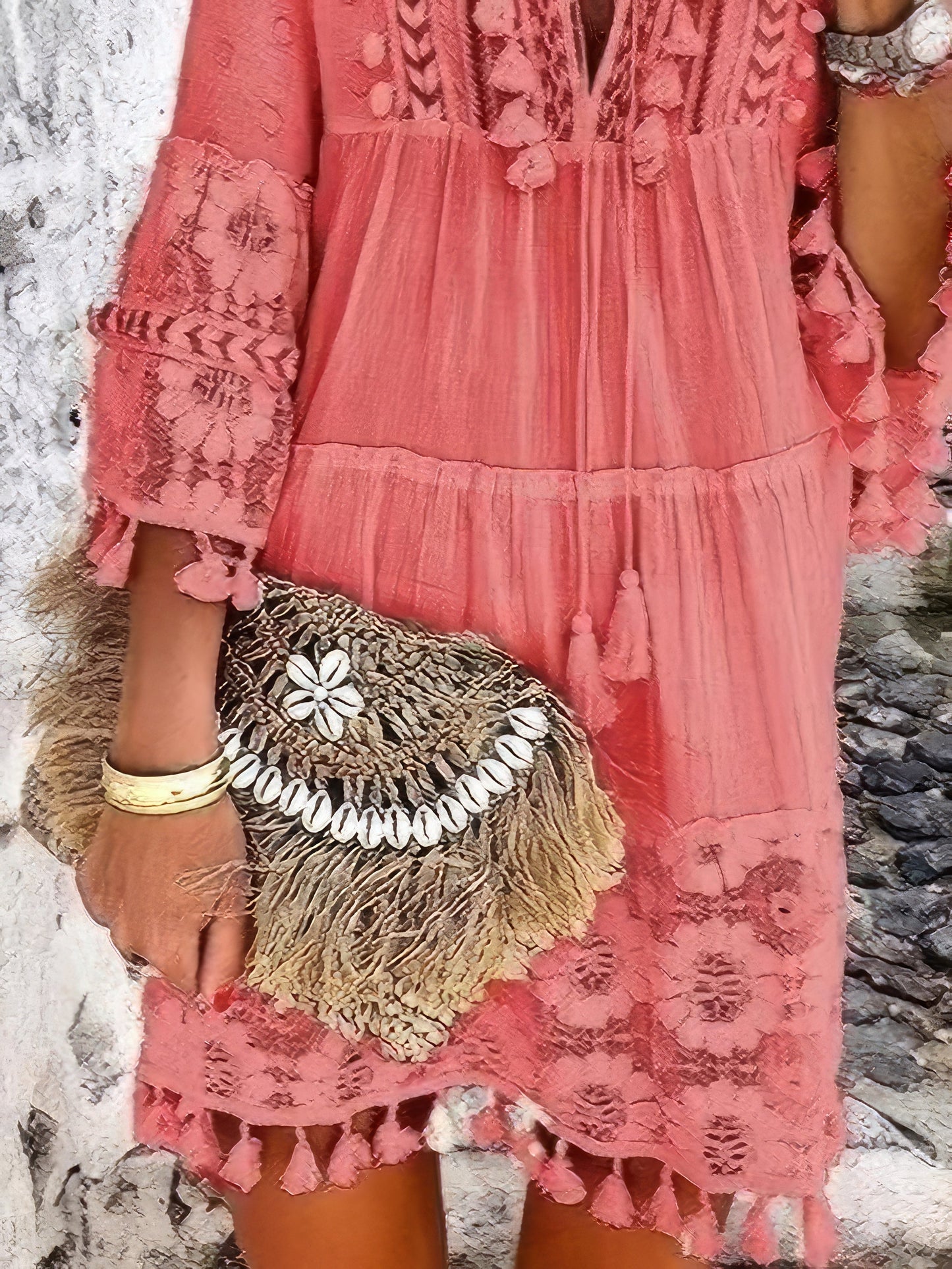 CM | Fashion Minivestido de encaje con flecos y cuello en V