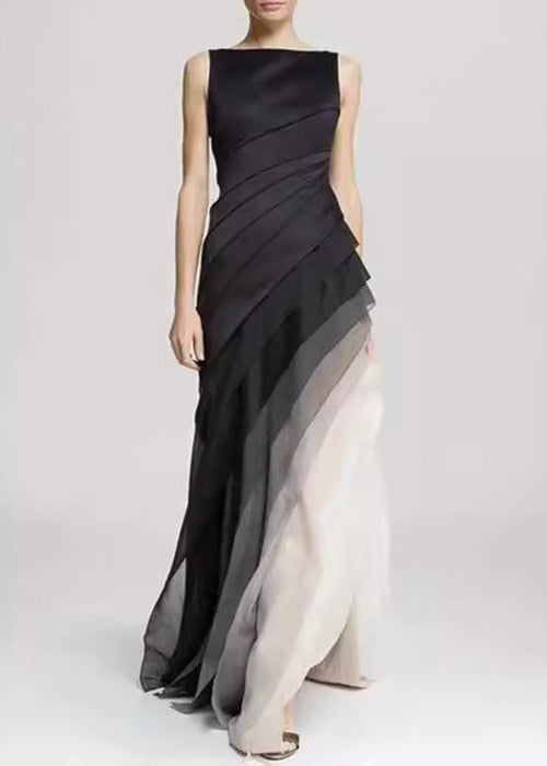 CM | Francés Negro Cintura Alta Patchwork Tul Maxi Vestidos Verano