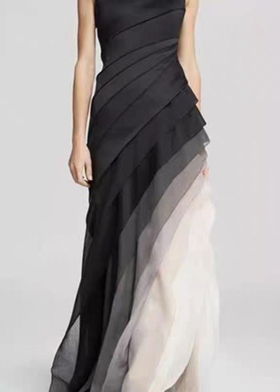 CM | Francés Negro Cintura Alta Patchwork Tul Maxi Vestidos Verano
