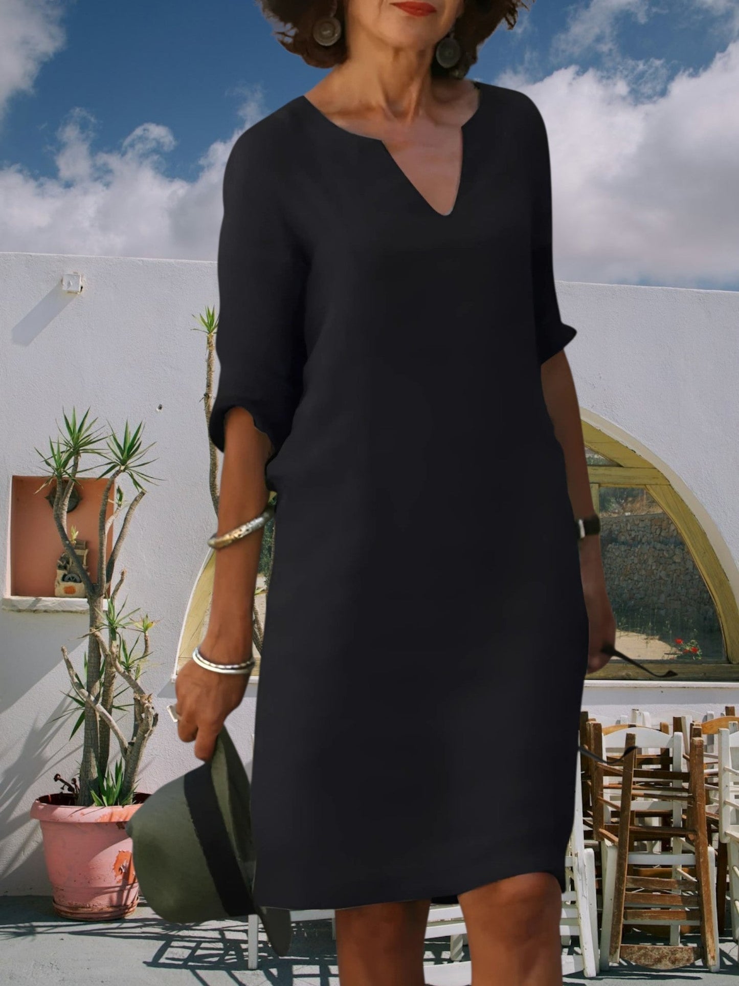 CM | Minivestido de mujer hasta la rodilla con escote en V y mangas 3/4