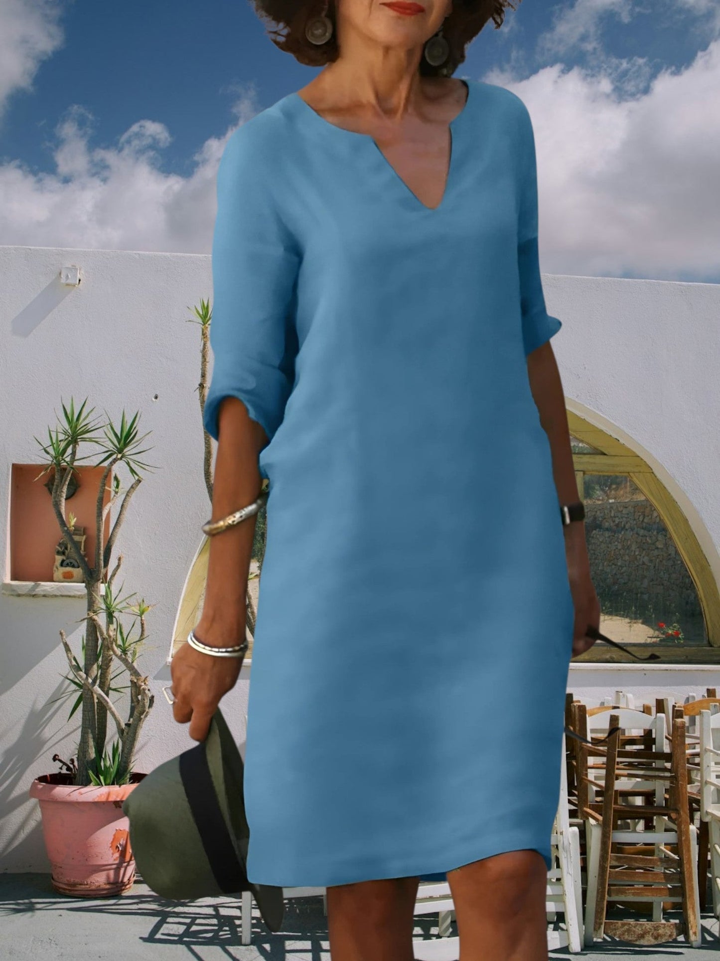CM | Minivestido de mujer hasta la rodilla con escote en V y mangas 3/4