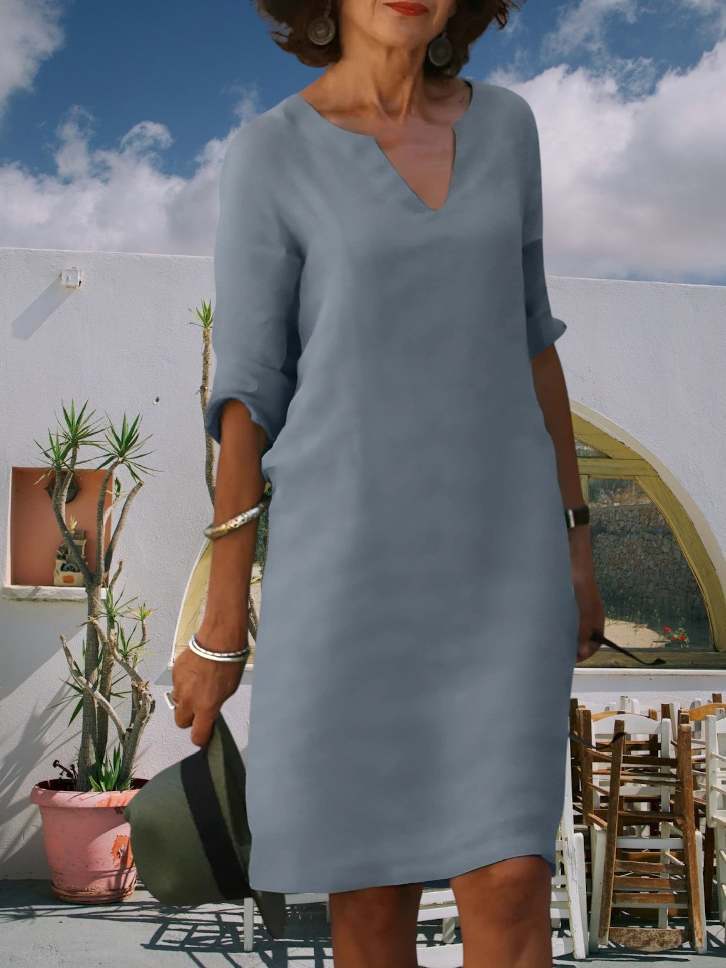 CM | Minivestido de mujer hasta la rodilla con escote en V y mangas 3/4