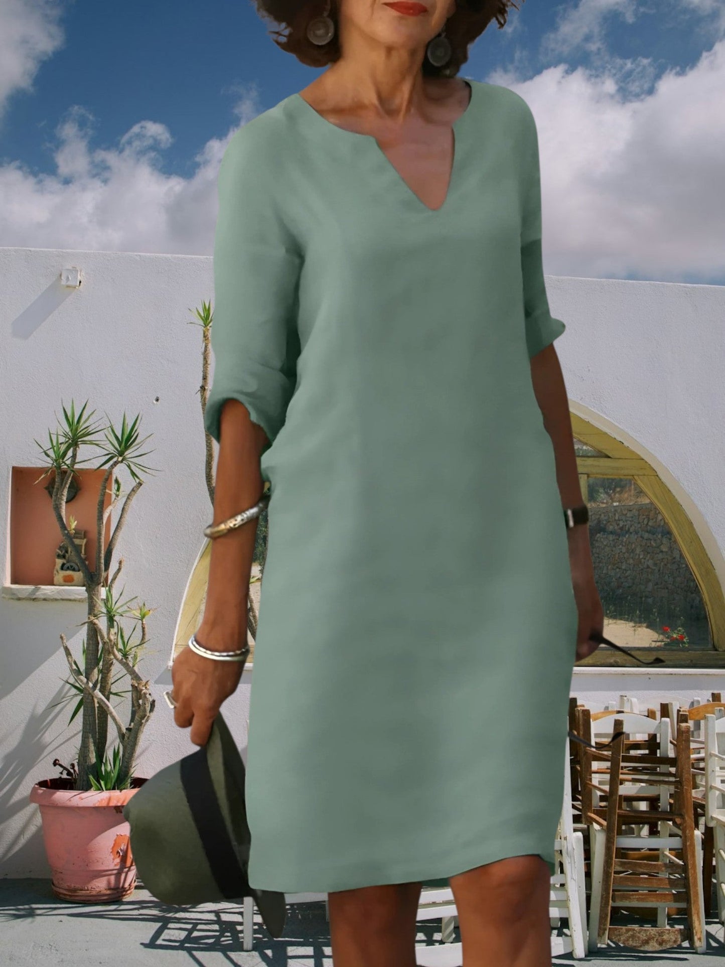 CM | Minivestido de mujer hasta la rodilla con escote en V y mangas 3/4