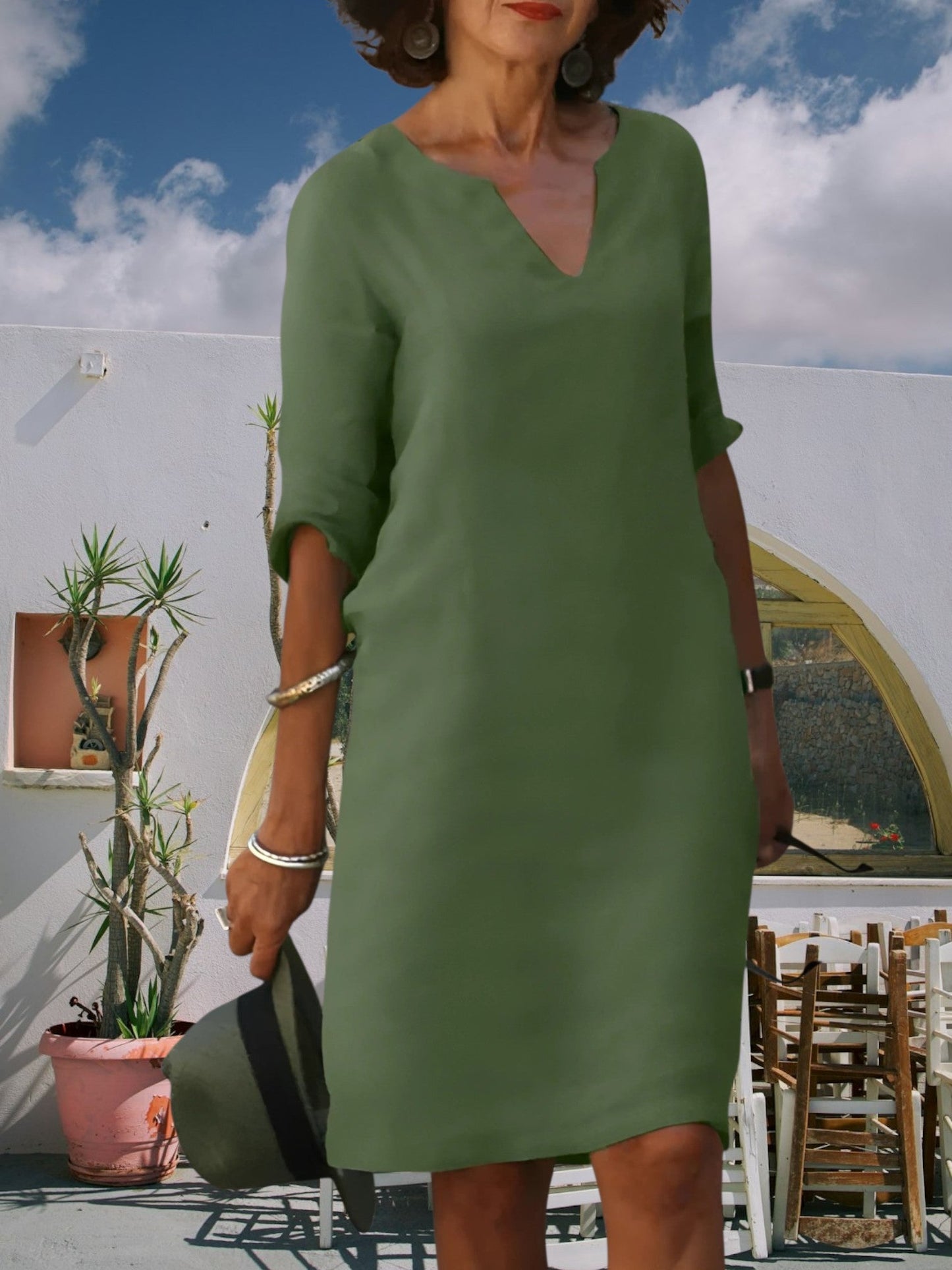 CM | Minivestido de mujer hasta la rodilla con escote en V y mangas 3/4