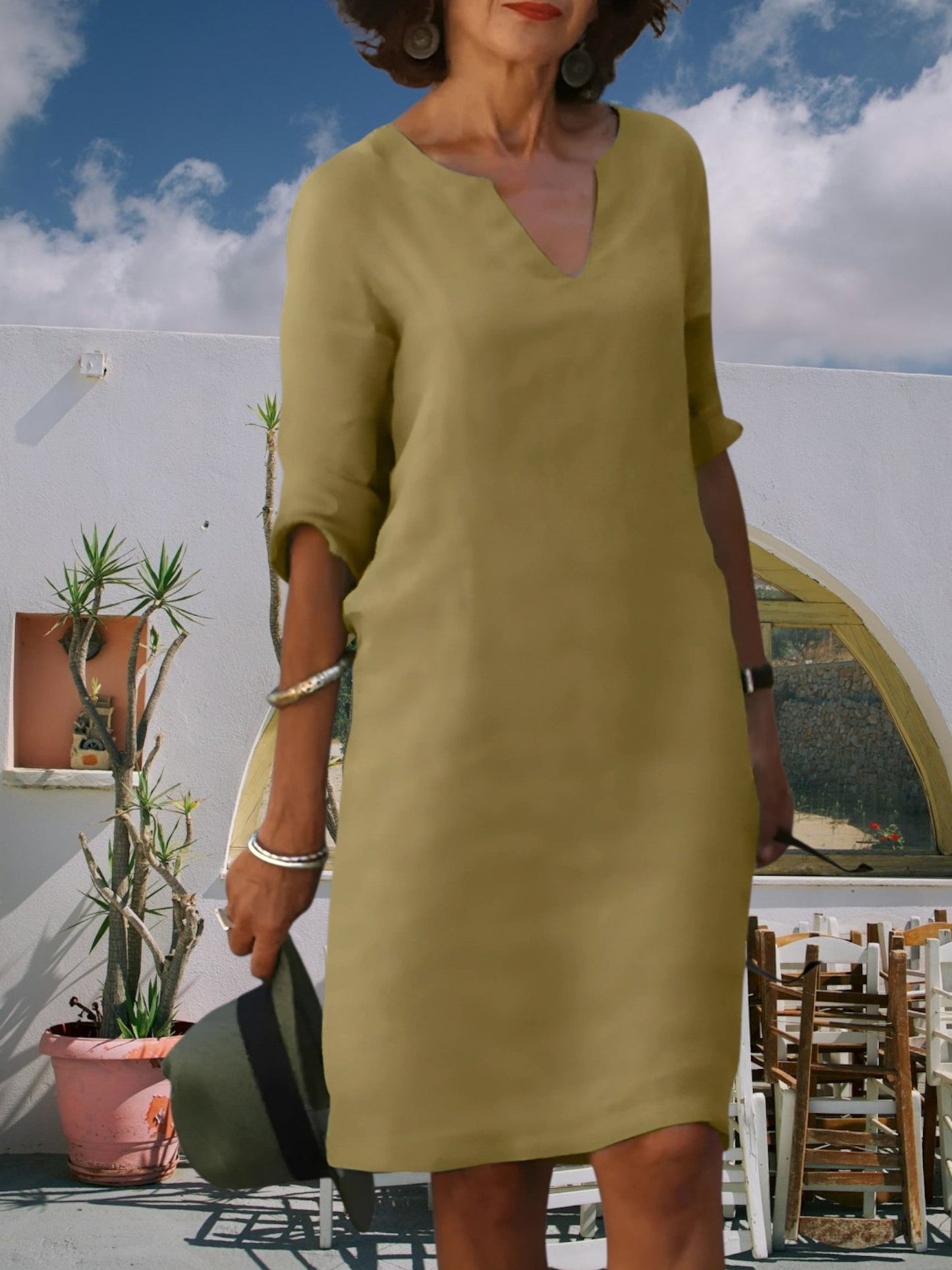 CM | Minivestido de mujer hasta la rodilla con escote en V y mangas 3/4
