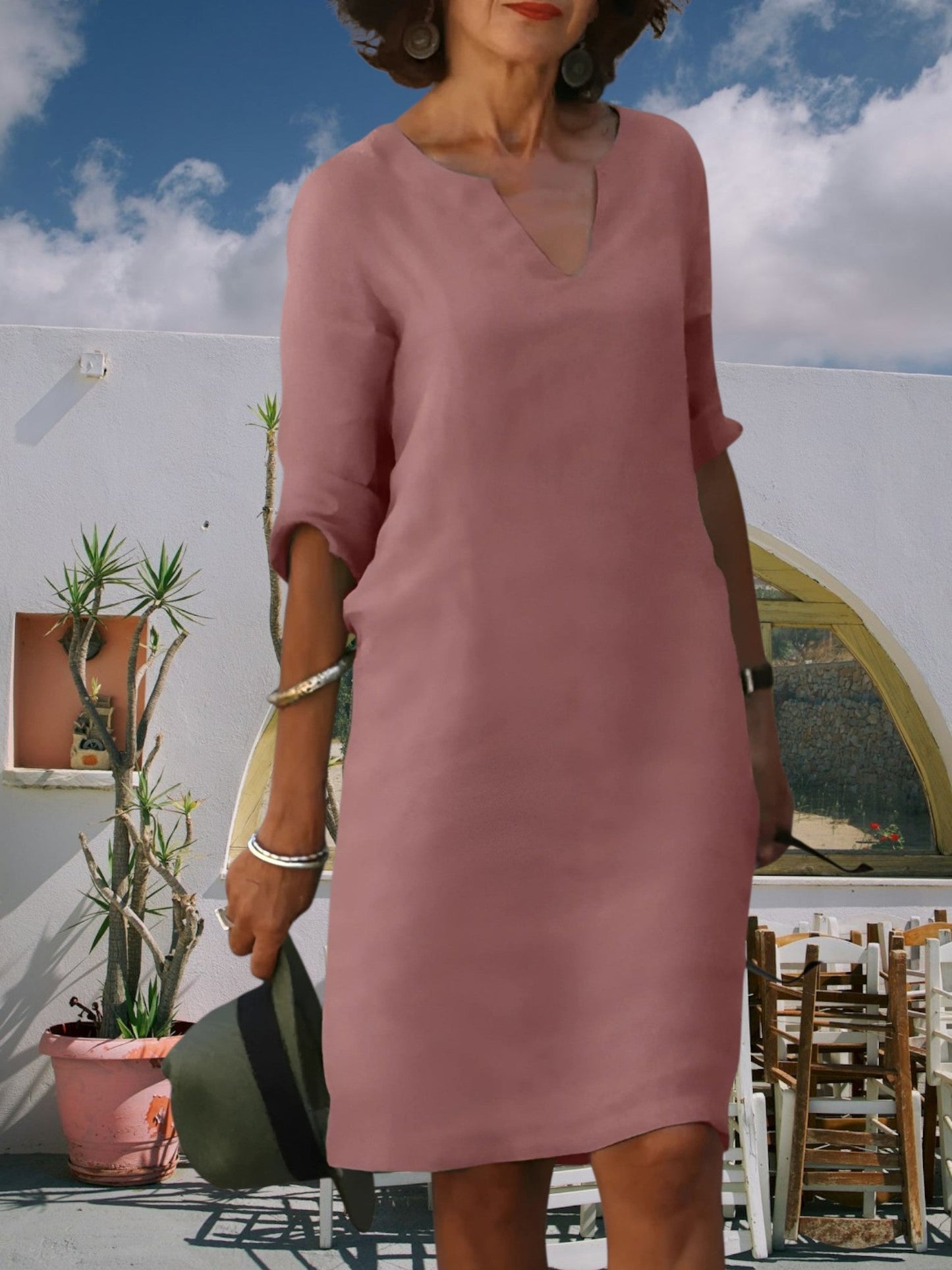 CM | Minivestido de mujer hasta la rodilla con escote en V y mangas 3/4