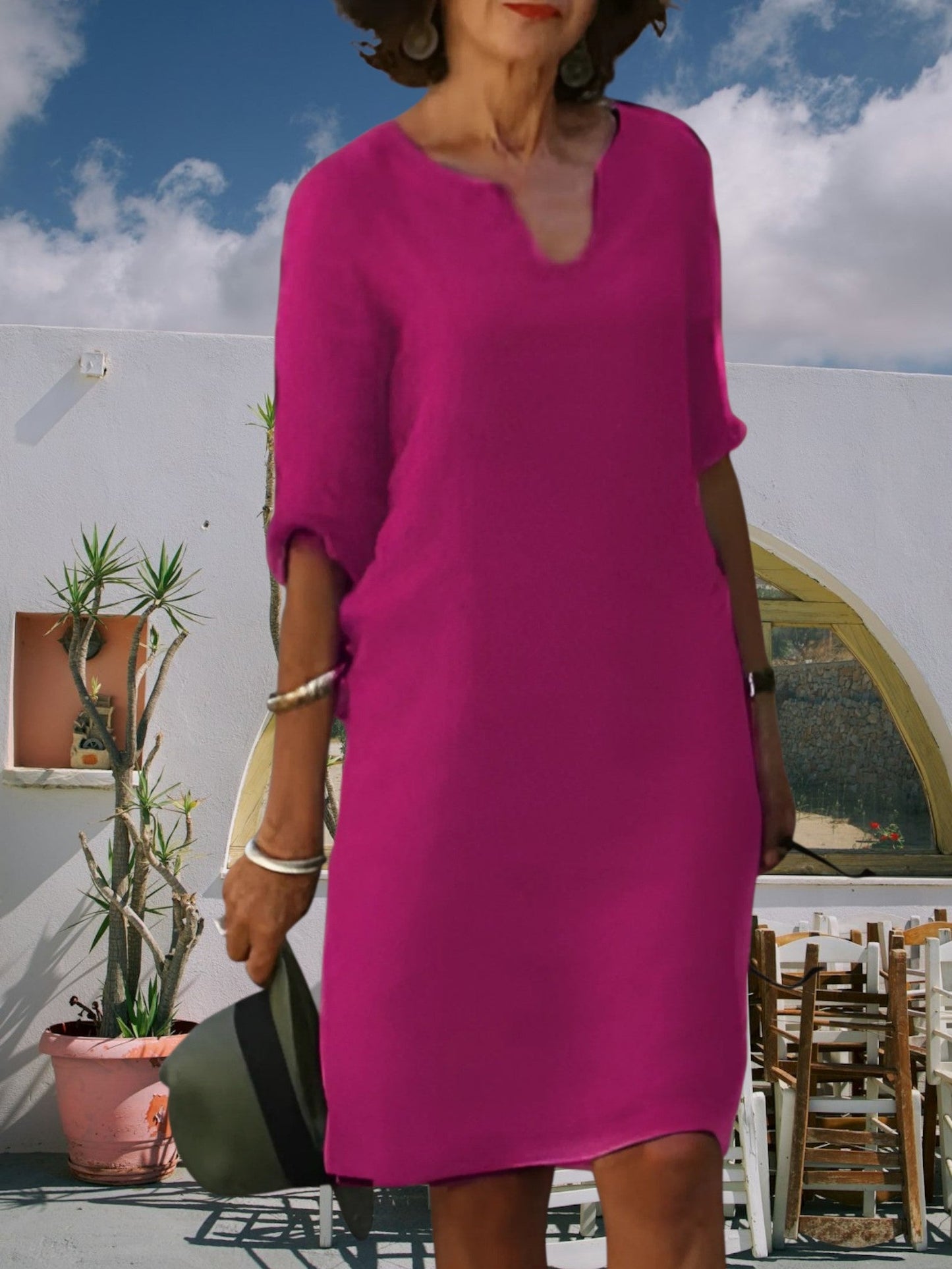 CM | Minivestido de mujer hasta la rodilla con escote en V y mangas 3/4
