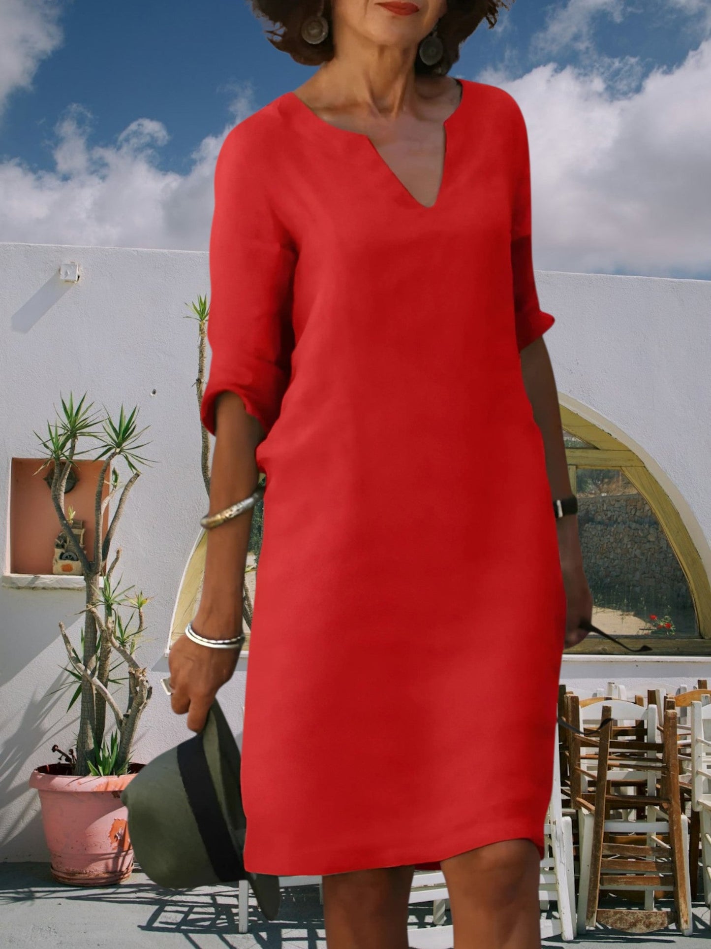 CM | Minivestido de mujer hasta la rodilla con escote en V y mangas 3/4