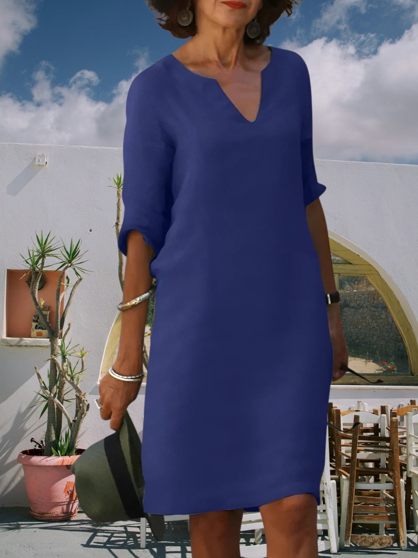 CM | Minivestido de mujer hasta la rodilla con escote en V y mangas 3/4