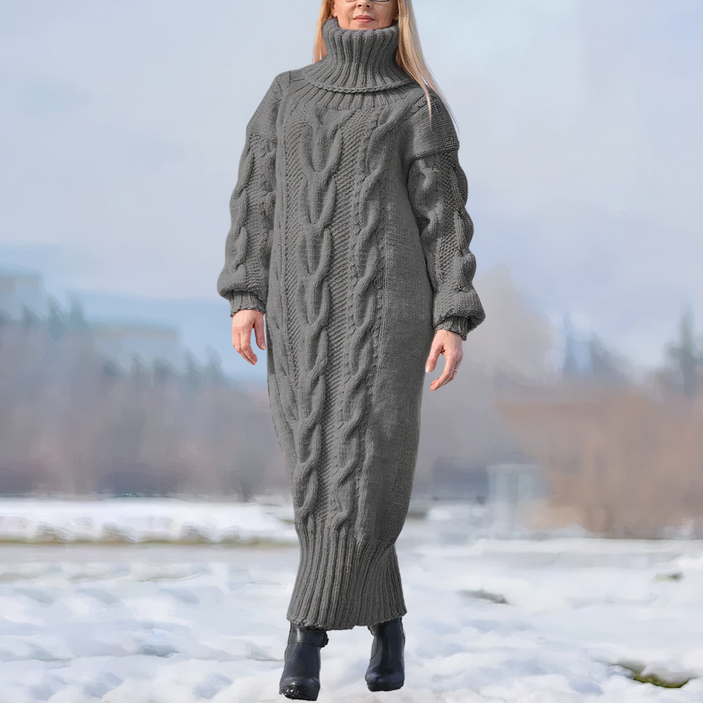 CM | maxi vestido largo con cuello alto y estructura trenzada