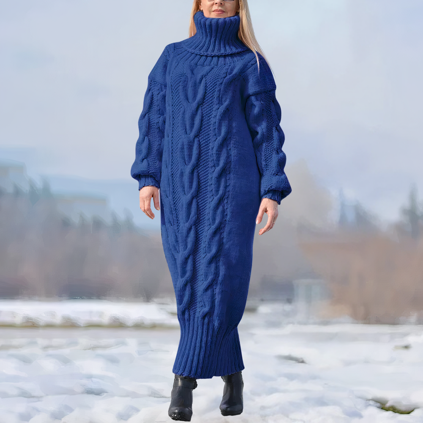 CM | maxi vestido largo con cuello alto y estructura trenzada