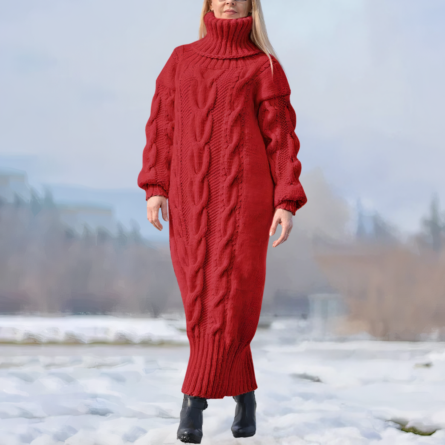 CM | maxi vestido largo con cuello alto y estructura trenzada