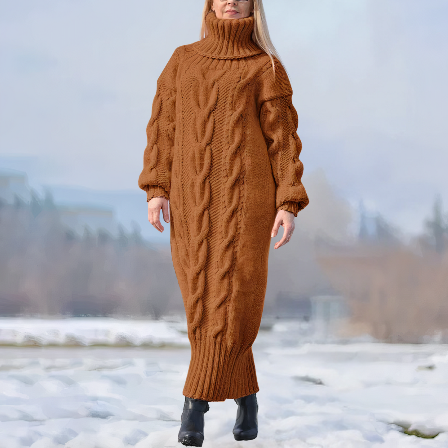 CM | maxi vestido largo con cuello alto y estructura trenzada