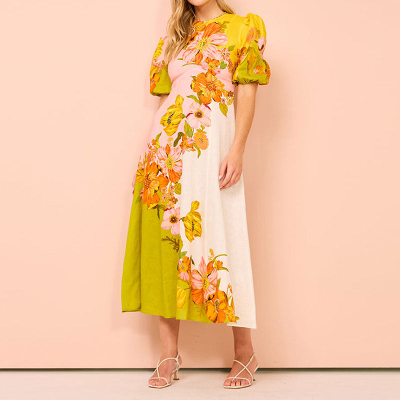 CM | Vestido midi de mujer - Cintura entallada - Mangas abullonadas - Estampado floral - Bajo acampanado - Slip-on