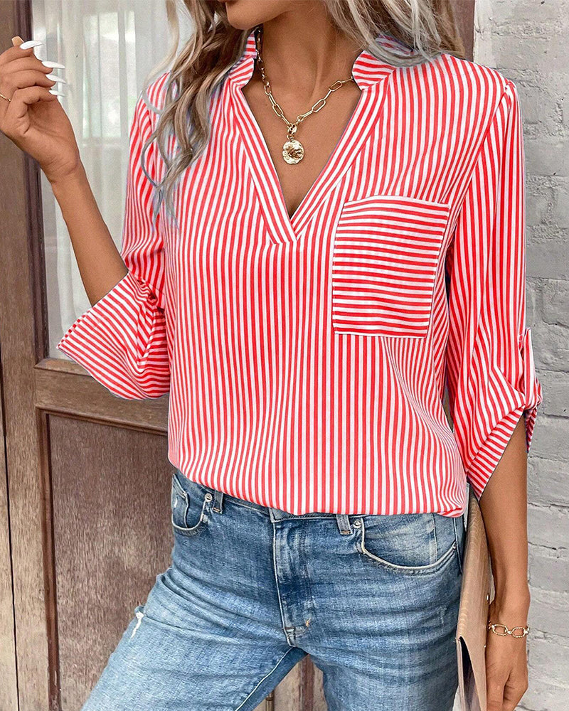 CM | Blusa casual con cuello en V y estampado de rayas