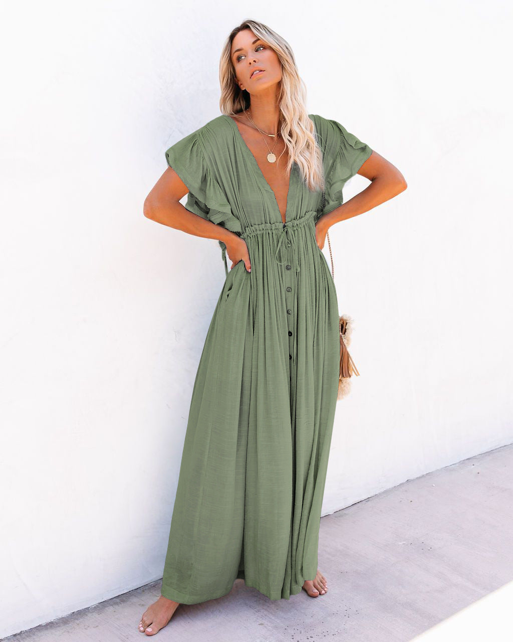 CM | Boho V-cuello kimono vestido de playa cover-up