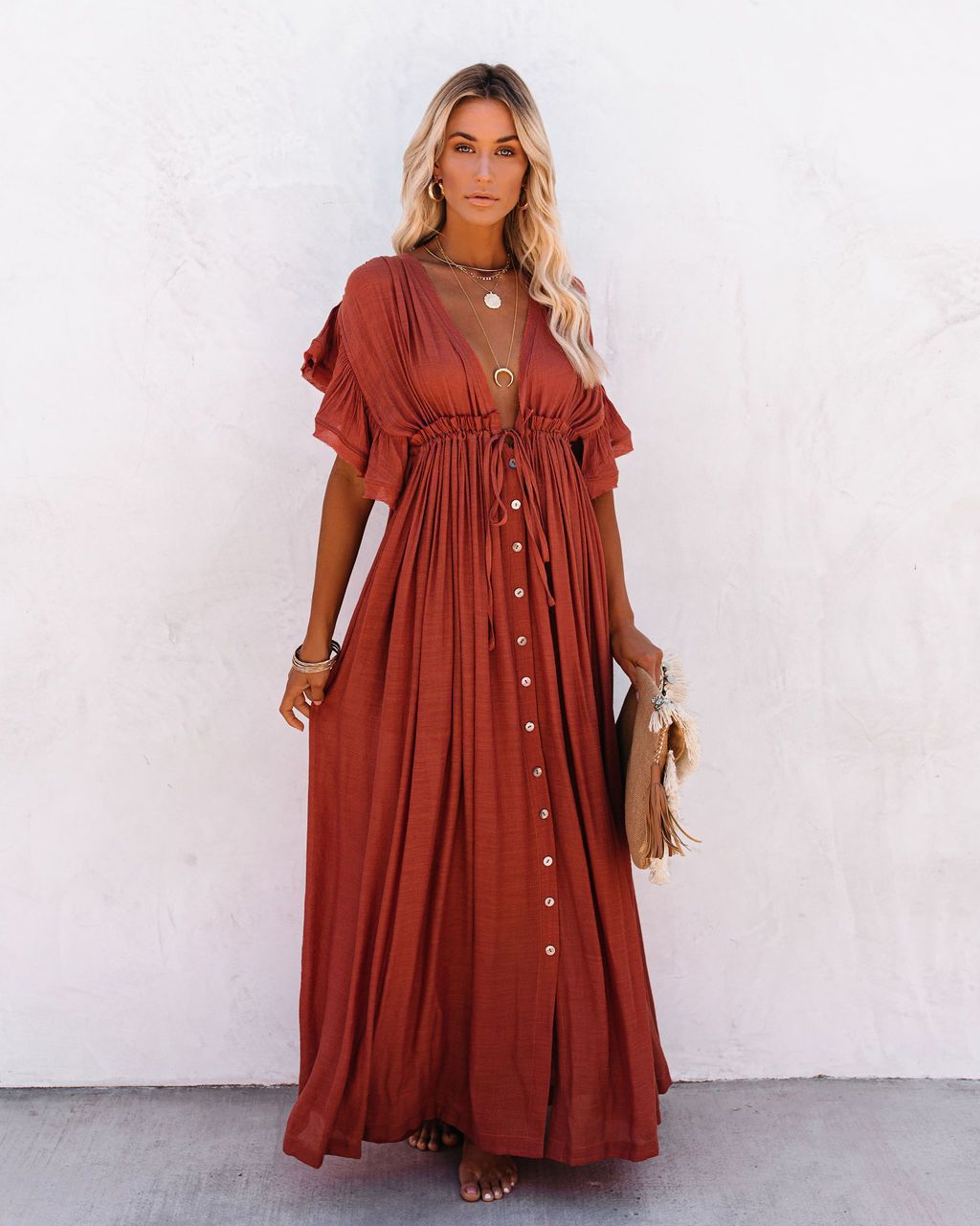 CM | Boho V-cuello kimono vestido de playa cover-up