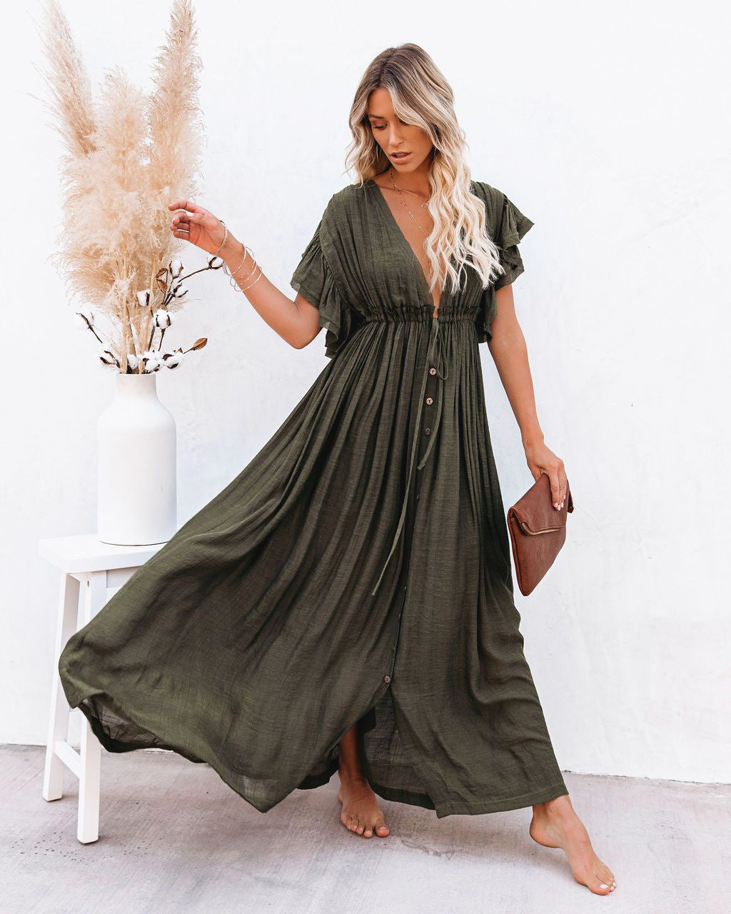 CM | Boho V-cuello kimono vestido de playa cover-up