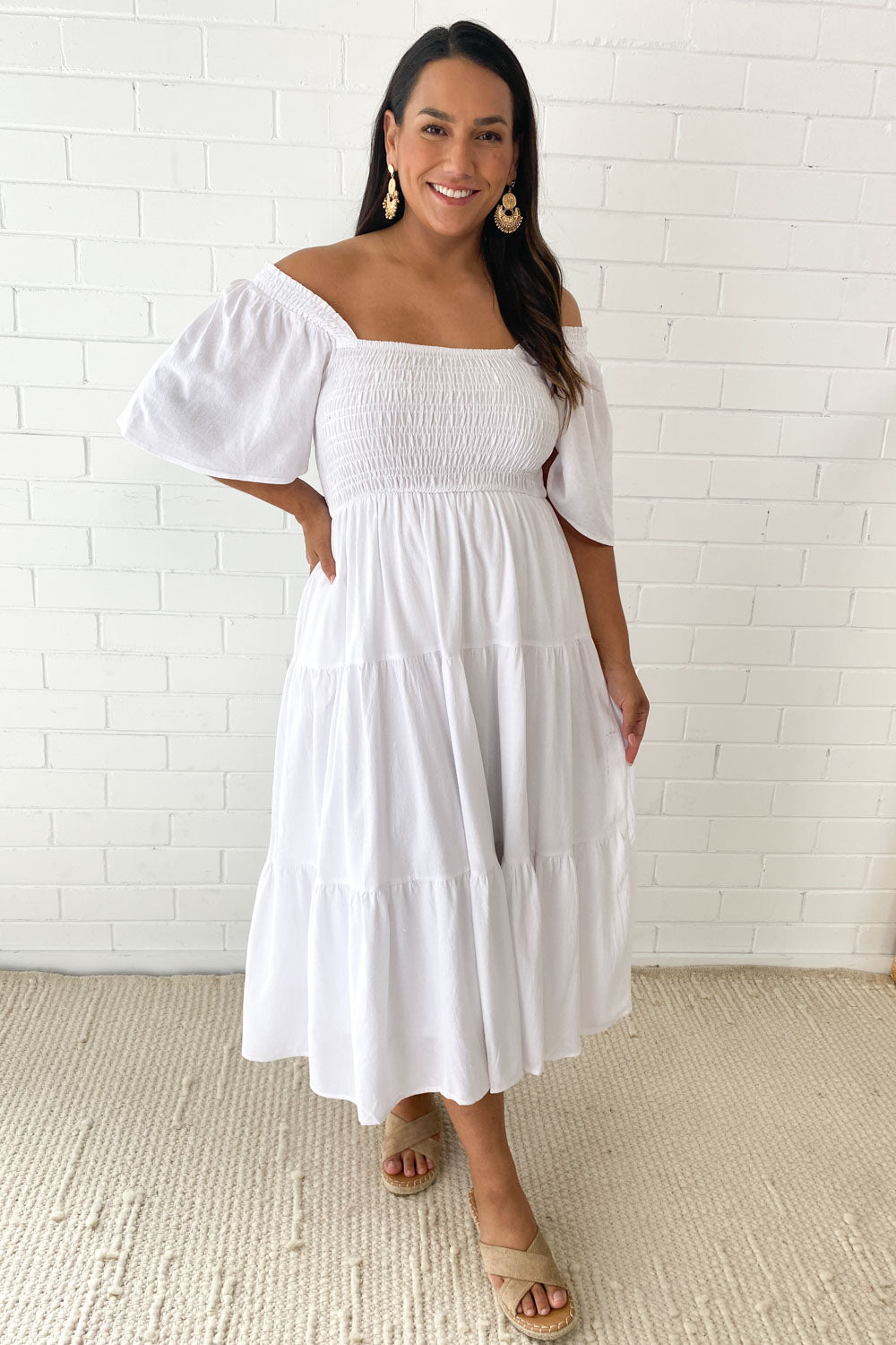 CM | Femenino vestido midi sin hombros