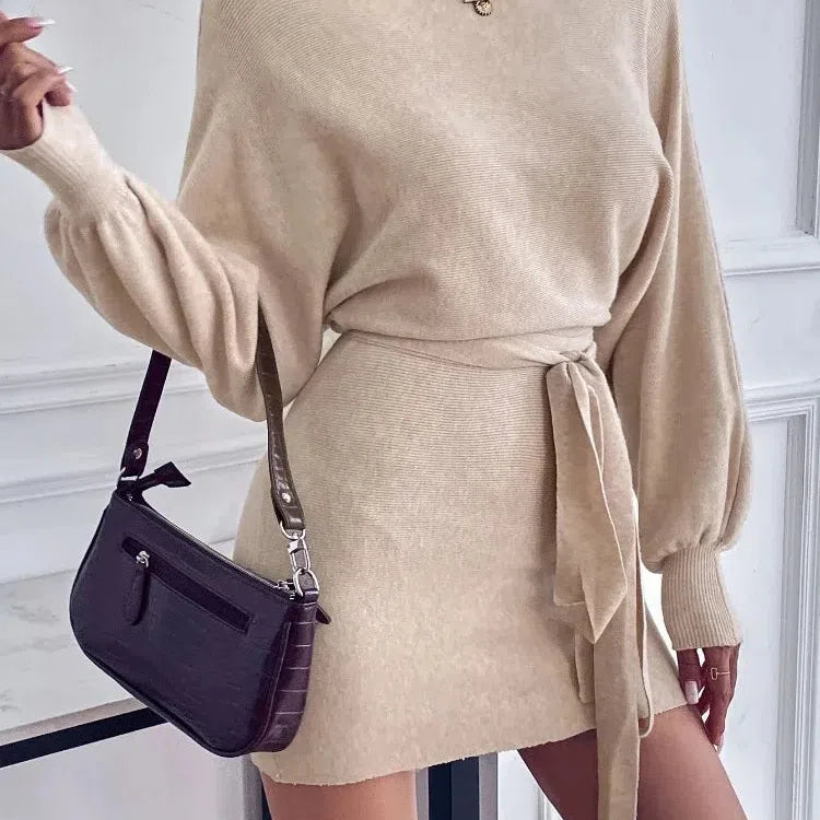 CM | Elegante vestido de manga larga bodycon mujeres lana mini vestido