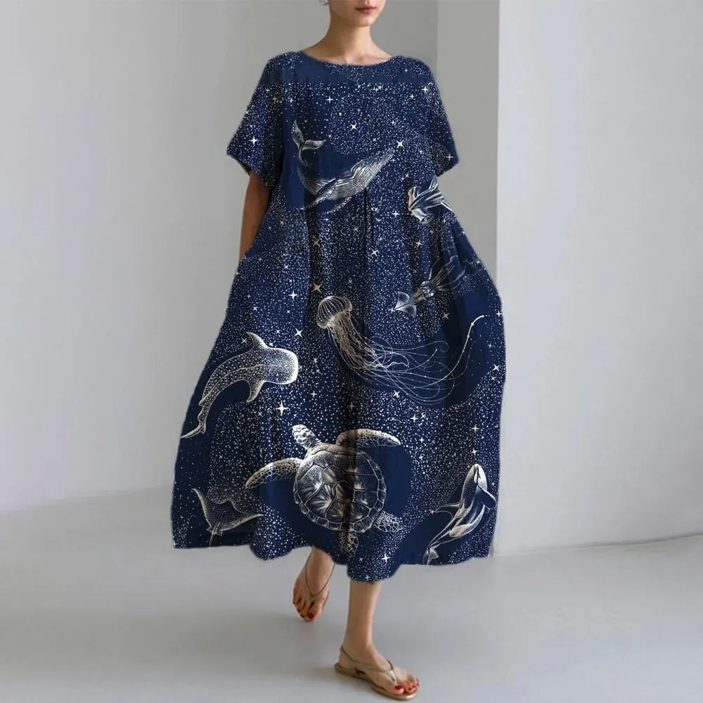CM | Plus-Size Vestido de verano holgado con bolsillo y cuello en O Elegante vestido maxi de verano