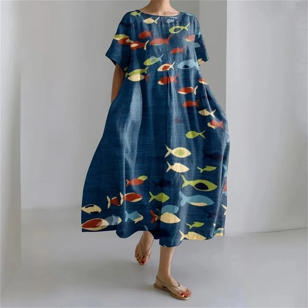 CM | Plus-Size Vestido de verano holgado con bolsillo y cuello en O Elegante vestido maxi de verano