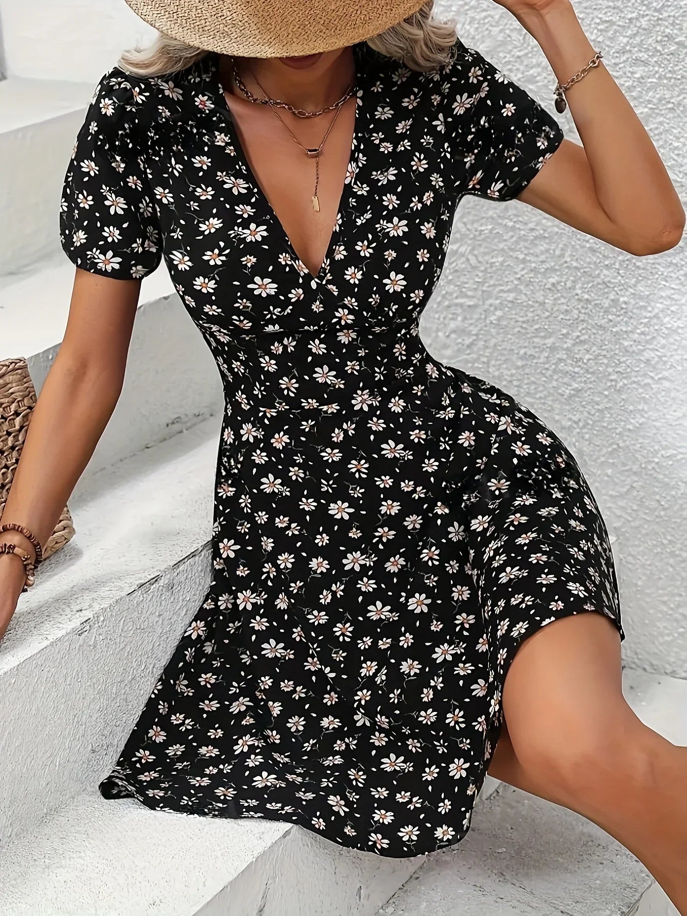 CM | Verano Mujeres Estampado Floral Mini Vestido Cuello en V Mangas Abullonadas Vestido Casual de Vacaciones para Salir y Fiesta