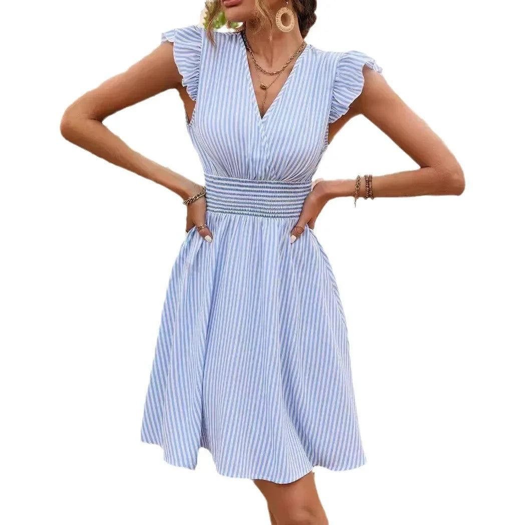 CM | Vestido de verano para mujer con rayas y mangas mariposa Mini vestido de vacaciones de moda en estilo europeo