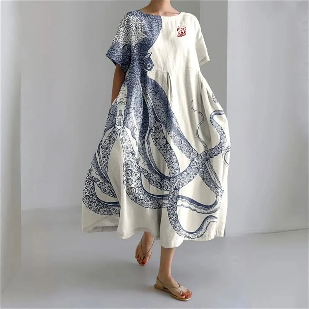 CM | Plus-Size Vestido de verano holgado con bolsillo y cuello en O Elegante vestido maxi de verano