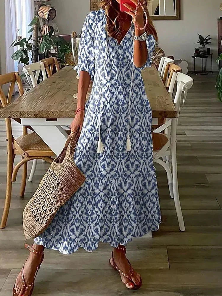 CM | Vestido midi con estampado boho y manga corta