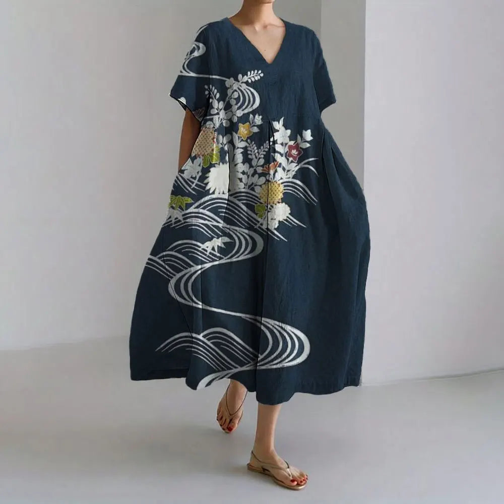 CM | Plus-Size Vestido de verano holgado con bolsillo y cuello en O Elegante vestido maxi de verano