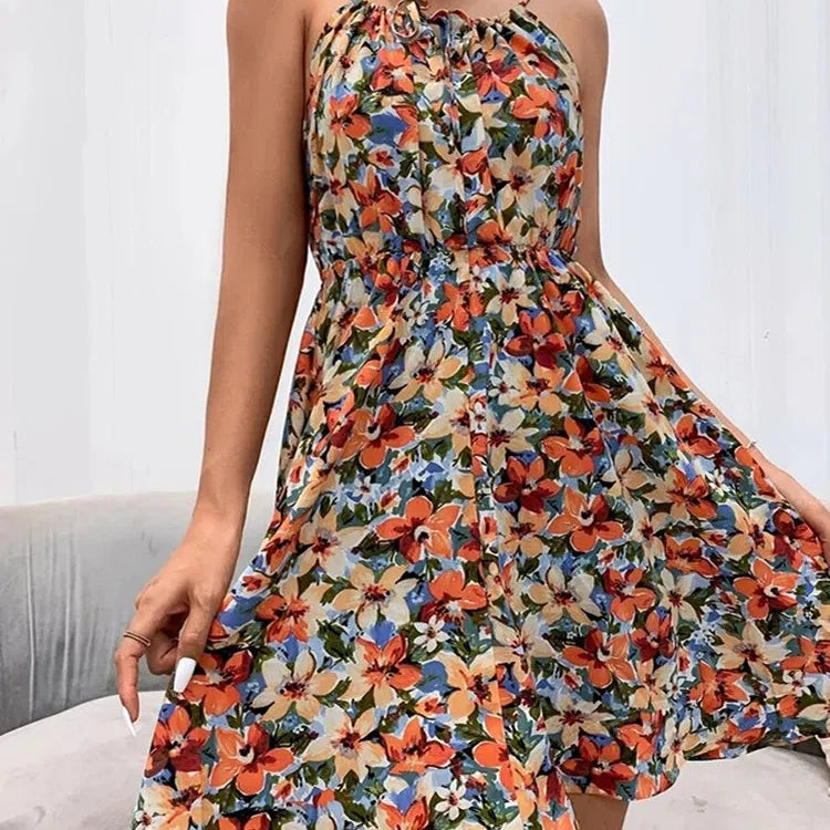 CM | Sexy Floral Imprimir Vestido Corto Mujeres Verano Moda Sin Espalda Sundress Sin Mangas Encaje Estilo Playa
