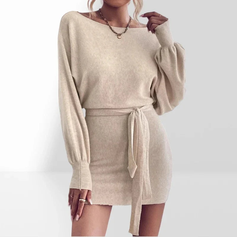 CM | Elegante vestido de manga larga bodycon mujeres lana mini vestido