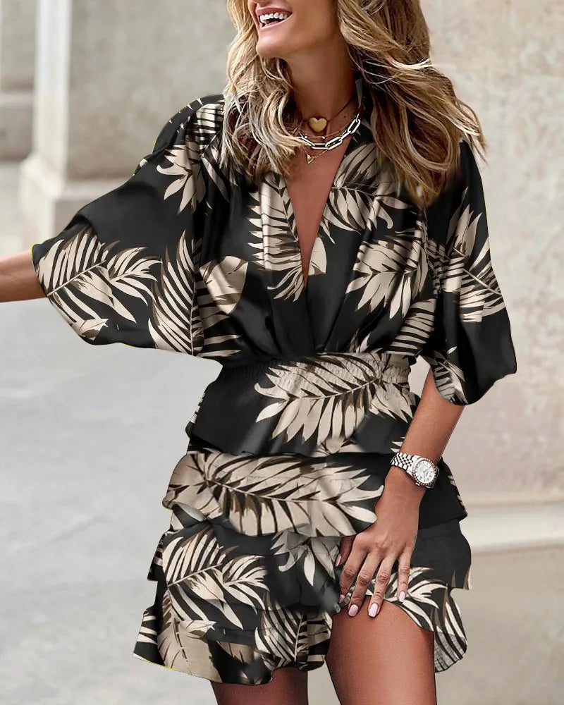 CM | Minivestido informal de mujer con cuello en V, mangas murciélago y dobladillo con volantes para el verano y las fiestas