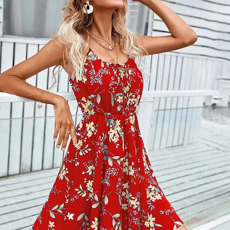 CM | Sexy Floral Imprimir Vestido Corto Mujeres Verano Moda Sin Espalda Sundress Sin Mangas Encaje Estilo Playa