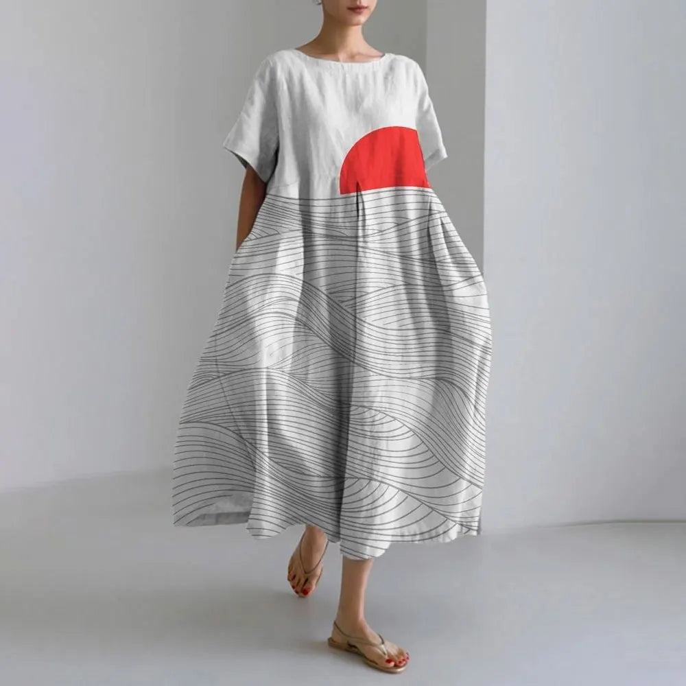 CM | Plus-Size Vestido de verano holgado con bolsillo y cuello en O Elegante vestido maxi de verano