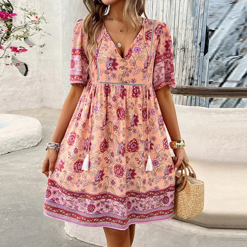 CM | Ariana™ Floral boho mini vestido con escote en V