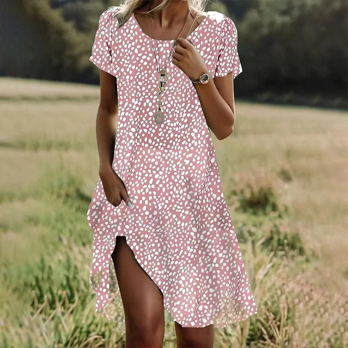 CM | Verano Bohemio Vestidos para Mujeres Cuello en V Manga Corta Estampado de Flores Vestido de Playa de Vacaciones Mujeres Maxi Vestidos Boho