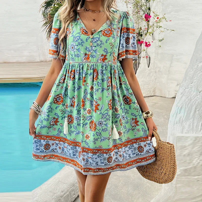 CM | Ariana™ Floral boho mini vestido con escote en V