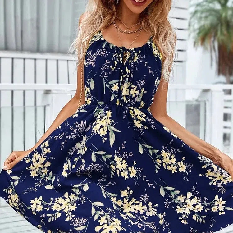 CM | Sexy Floral Imprimir Vestido Corto Mujeres Verano Moda Sin Espalda Sundress Sin Mangas Encaje Estilo Playa