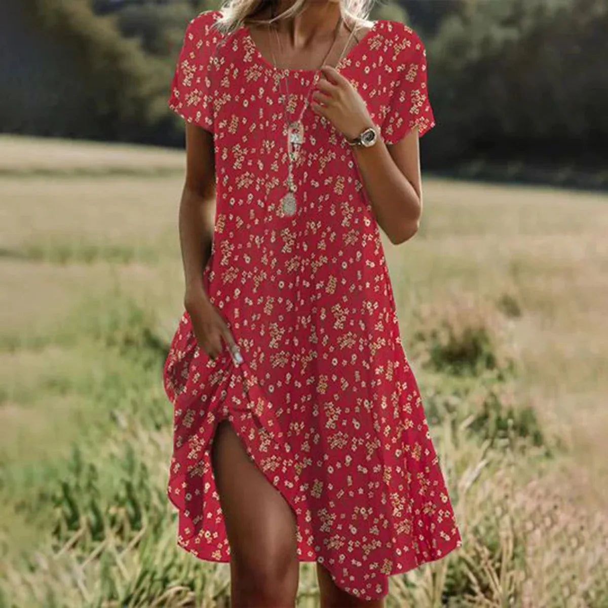 CM | Verano Bohemio Vestidos para Mujeres Cuello en V Manga Corta Estampado de Flores Vestido de Playa de Vacaciones Mujeres Maxi Vestidos Boho