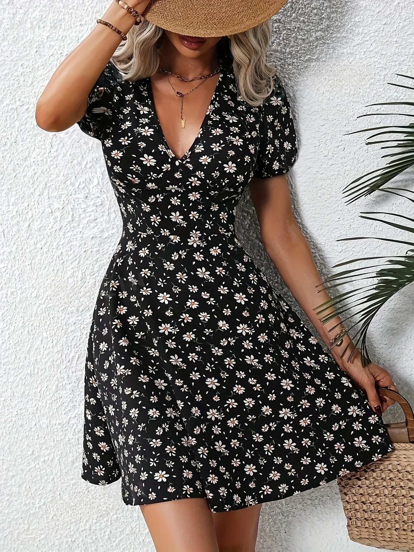 CM | Verano Mujeres Estampado Floral Mini Vestido Cuello en V Mangas Abullonadas Vestido Casual de Vacaciones para Salir y Fiesta