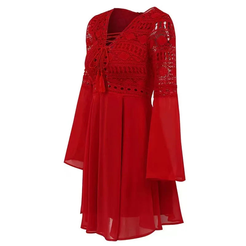 CM | Mujer A Line Vestido Corto Mini Vestido Manga Larga Ruffle V-Neck