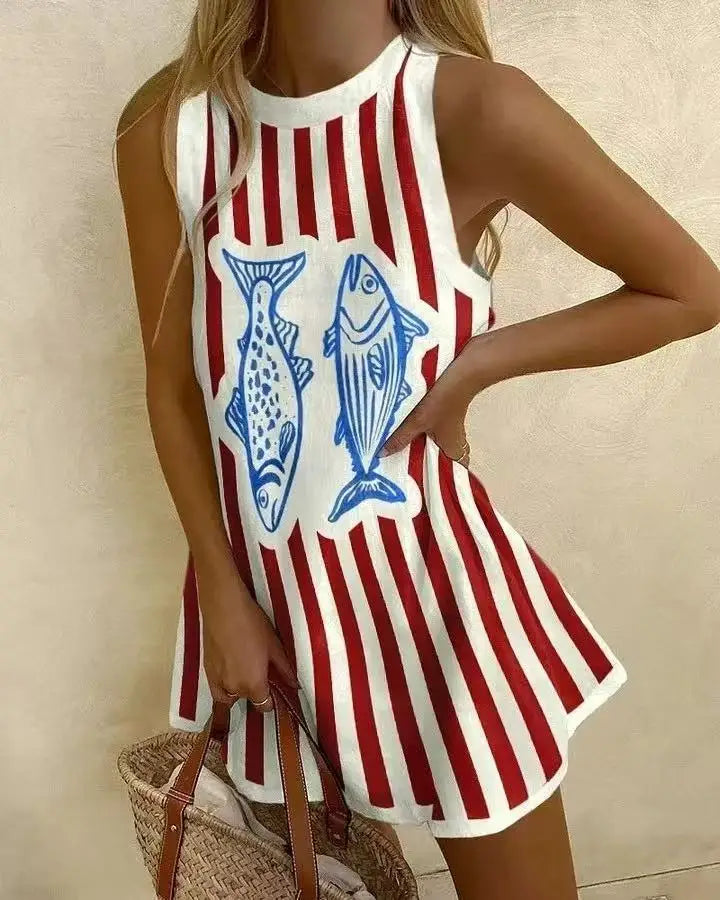 CM | Mujeres Puzzle Imprimir Verano Vestido Sin Mangas Sobre la Rodilla Mini Vestido Casual Tank Top Vestido de playa para las mujeres