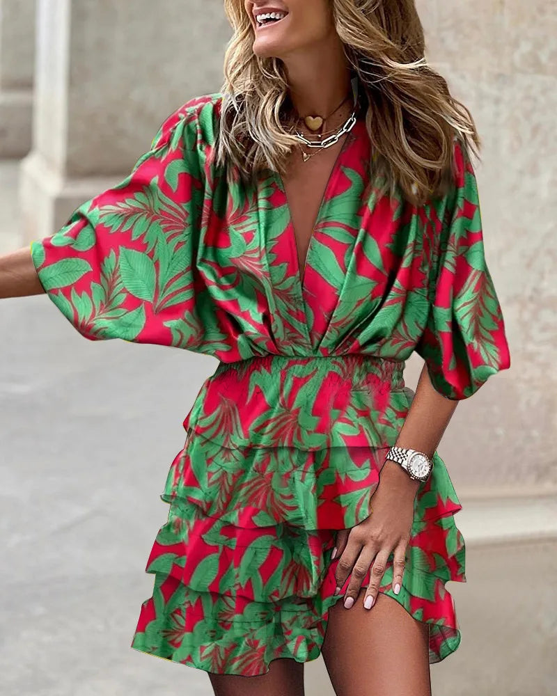 CM | Minivestido informal de mujer con cuello en V, mangas murciélago y dobladillo con volantes para el verano y las fiestas