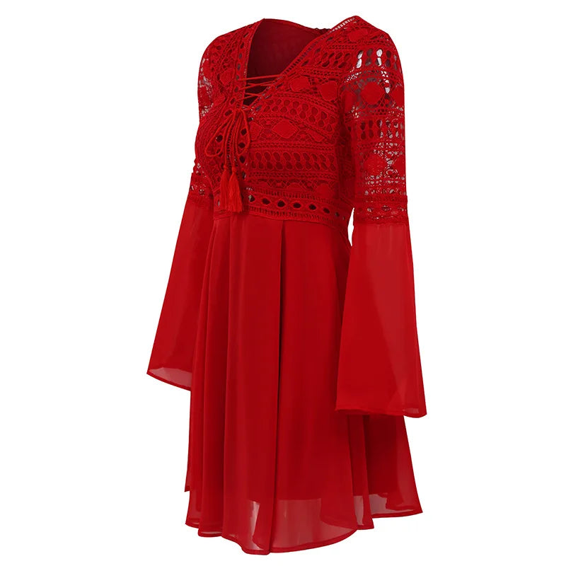 CM | Mujer A Line Vestido Corto Mini Vestido Manga Larga Ruffle V-Neck