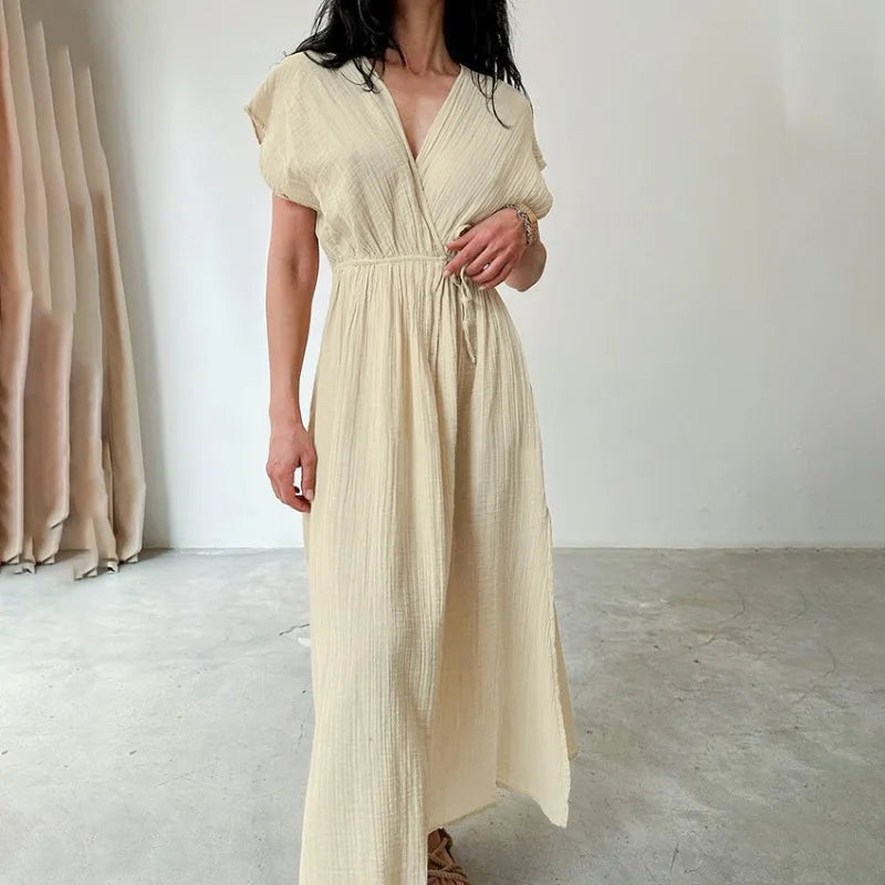CM | Maxi vestido con escote en V y mangas cortas